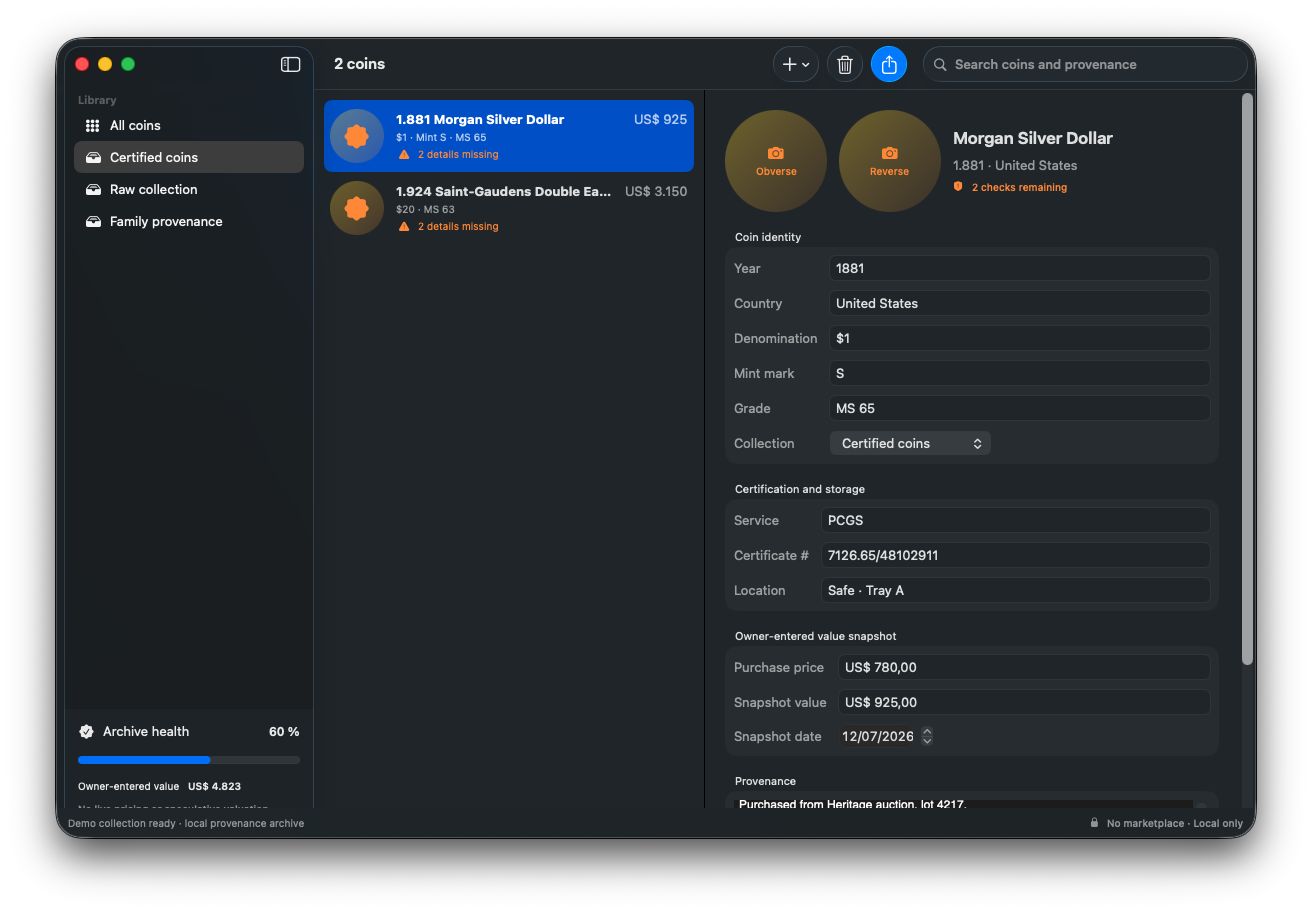 CoinArchive running on macOS with certified coin records, certification, storage and provenance details